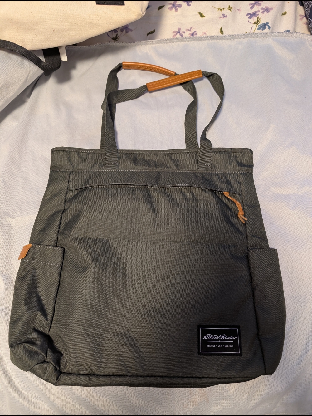 Eddie Bauer Olive Green Tote Bag with Leather Accents